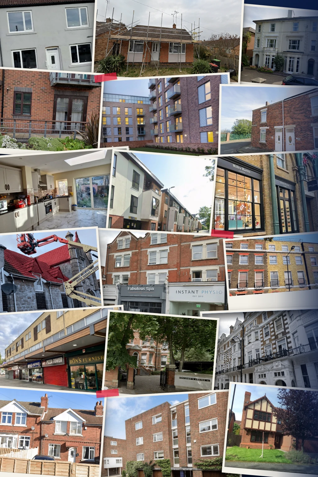 A montage of homes, apartment blocks, shops and commercial buildings across the UK