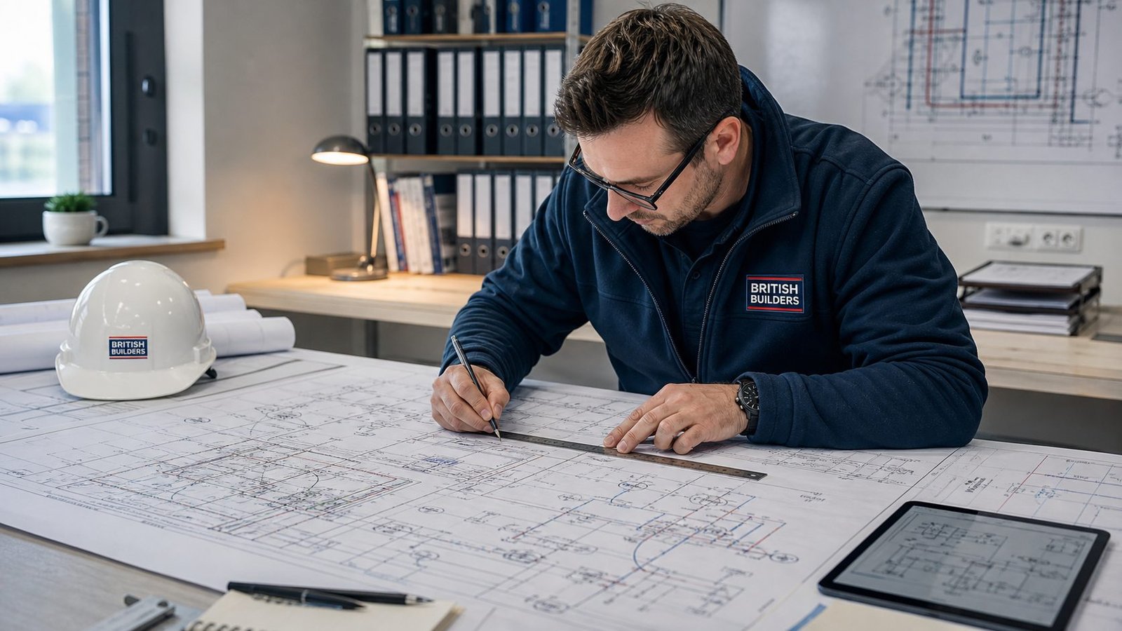 A British Builders mechanical and electrical engineer reviewing building-services drawings at a desk