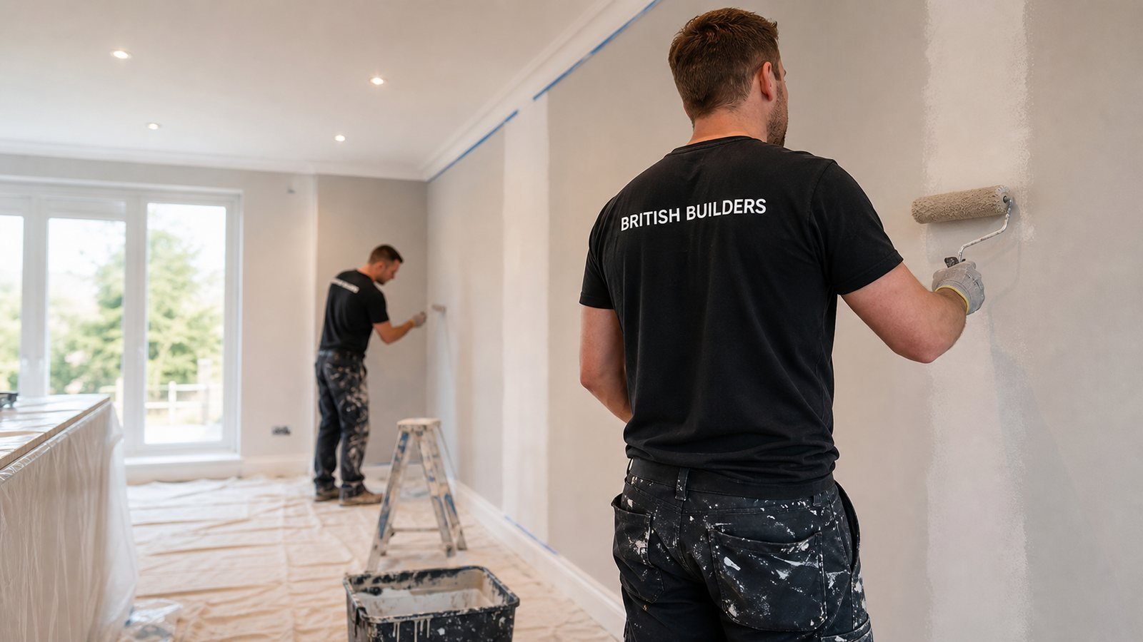 British Builders operatives refurbishing and repainting an interior