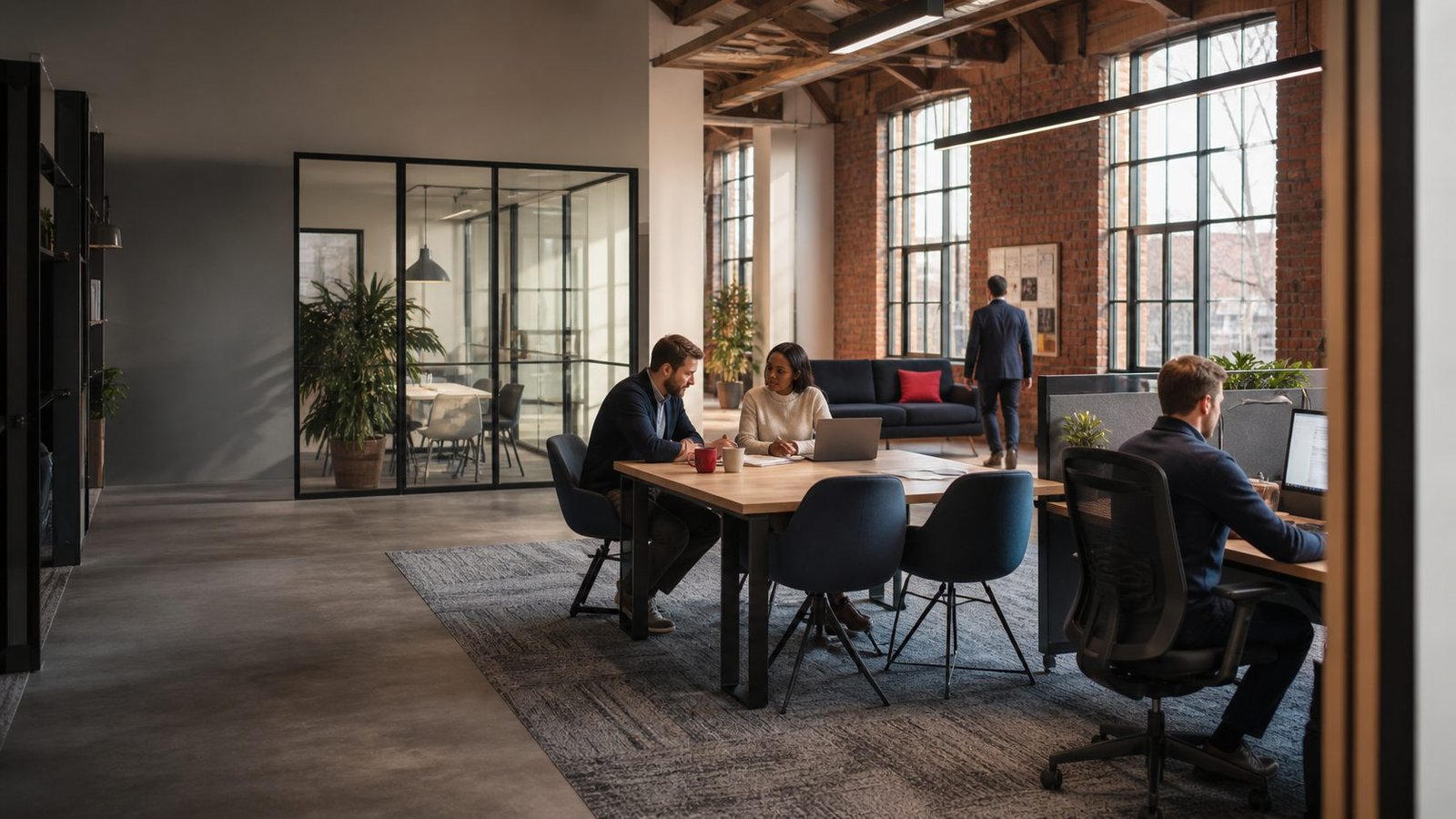 Small businesses working in a bright, flexible managed workspace with private offices and shared areas