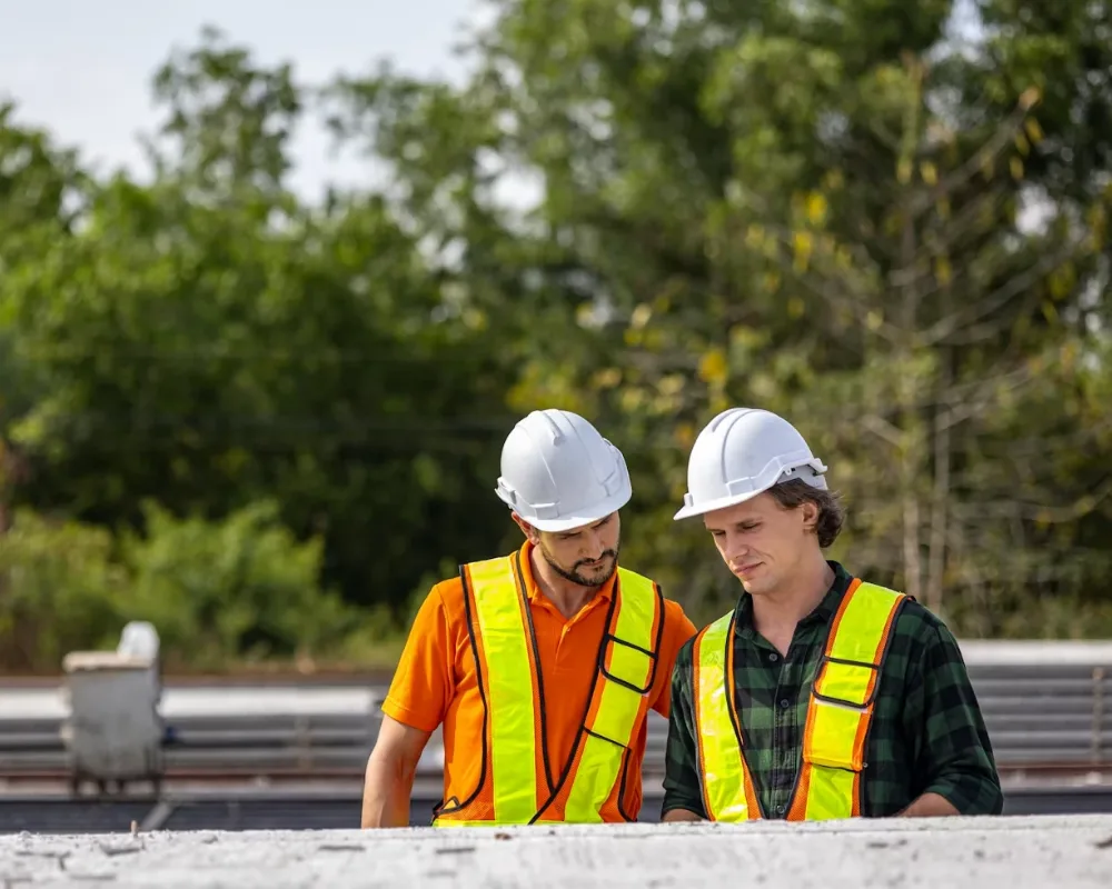 Two British Builders tradespeople in hard hats and hi-vis reviewing work on site