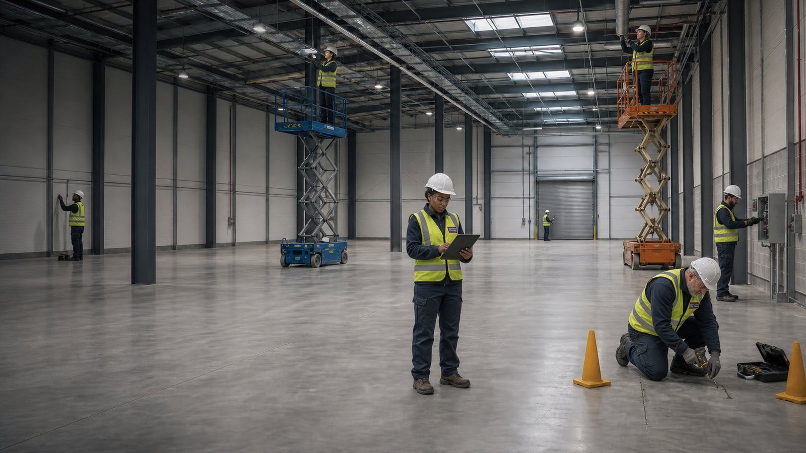 A British Builders warehouse with pallet racking, a stock operative and a forklift moving goods