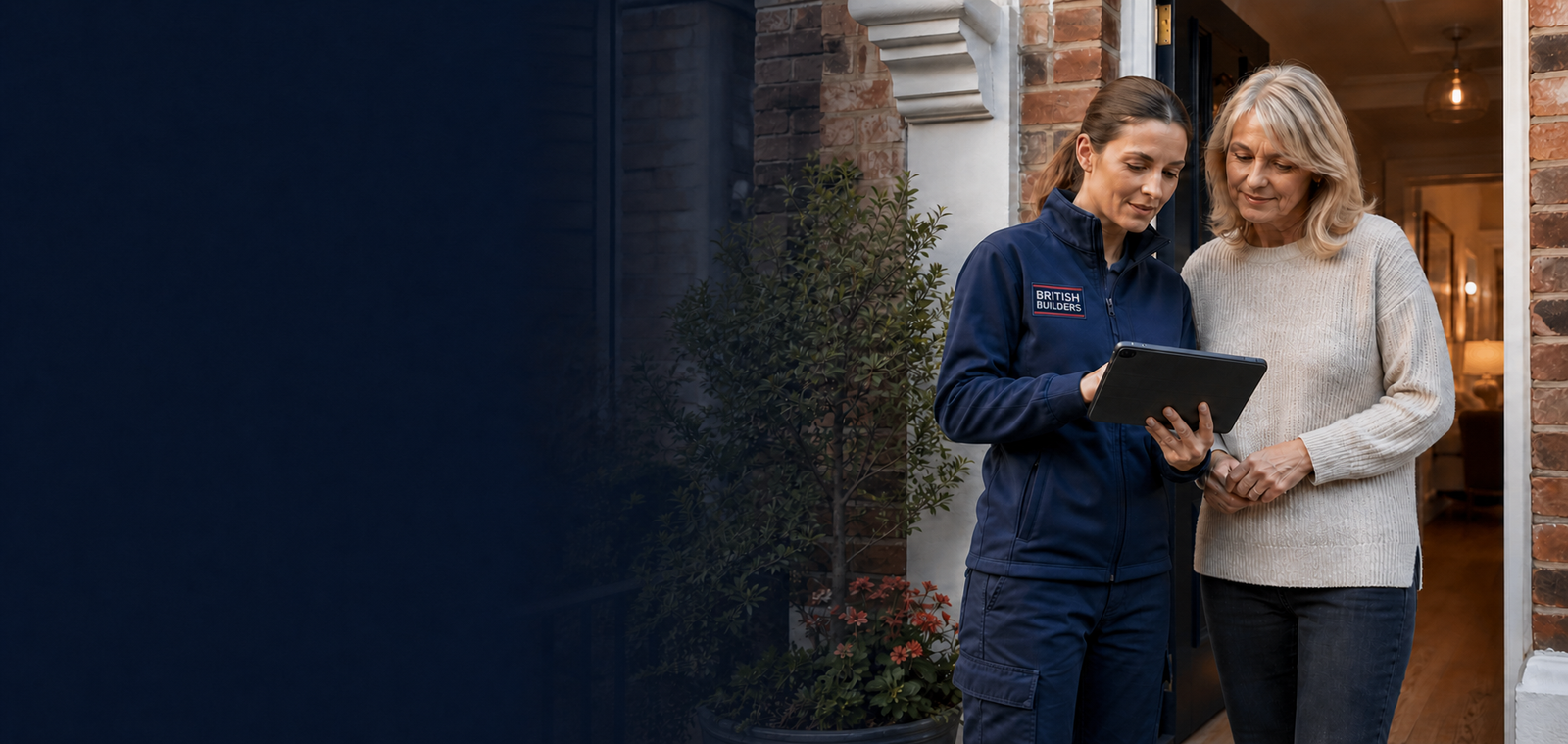A British Builders engineer showing a homeowner her property report on a tablet at her front door